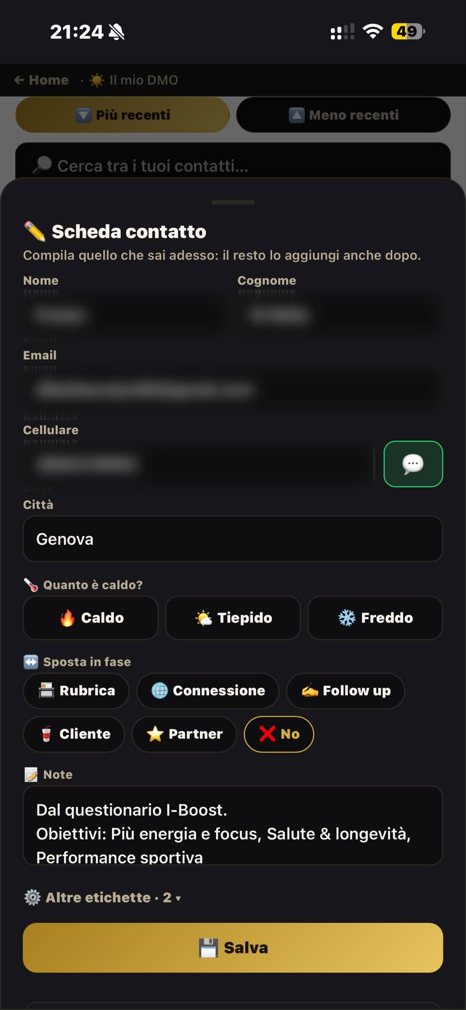 La scheda contatto nell'app: caldo/freddo e sposta in fase